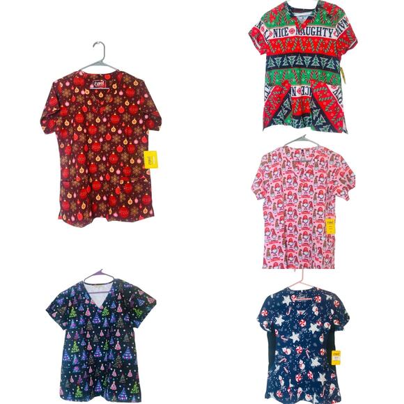 Revel Premium Stretch Scrub Top Christmas V Neck Multicolor Medium Lot of 5 - Picture 1 of 12